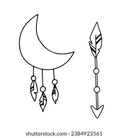 Set Ethnic arrows with feather and moon. Hand drawn vector boho line illustrations