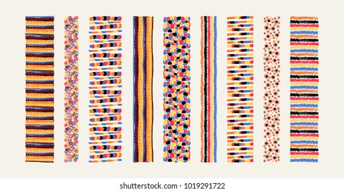 Set of ethnic art brushes in African style.  The Aztec pattern. Oriental lace tape. Indian jewel. Embroidery on fabric. Tribal art. The decoration of clothes. Ribbon, border. Beadwork with ornament.