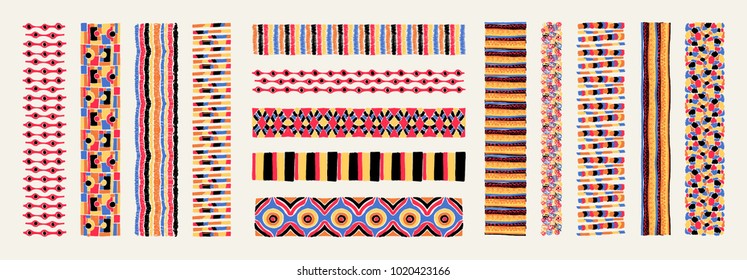 Set of ethnic art brushes in African style.  The Aztec pattern. Oriental lace tape. Indian jewel. Embroidery on fabric. Tribal art. The decoration of clothes. Ribbon, border. Beadwork with ornament.