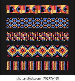 Set of ethnic art brushes in African style. The Aztec pattern. Oriental lace tape. Indian jewel. Embroidery on fabric. Asian ornament. Tribal art. The decoration of clothes. Ribbon, border.