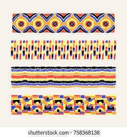 Set of ethnic art brushes in African style.  The Aztec pattern. Oriental lace tape. Indian jewel. Embroidery on fabric. Tribal art. The decoration of clothes. Ribbon, border. Beadwork with ornament.