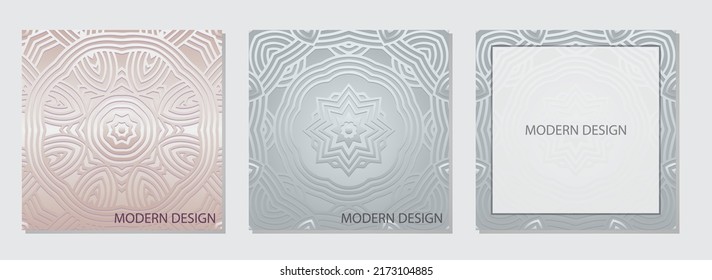Set of ethnic artistic light square embossed web banner backgrounds with geometric floral 3D pattern, frame for text. National culture of the peoples of the East, India, Mexico, Aztecs, Peru.