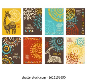 Banner étnico, fondo, volante, cartel con adornos tribales de colores rojo, amarillo, azul y marrón. Afiche vectorial vertical, tarjeta de plantilla, pegatina con patrones geométricos y animales. EPS8