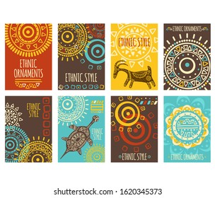 Set of ethnic banner, background, flyer, placard with tribal ornaments of red, yellow, blue and brown colors. Vertical vector poster, template card, sticker with geometric patterns and animals. EPS8