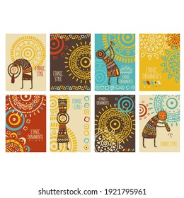 Set of ethnic banner, background, flyer, placard with tribal ornaments of red, yellow, blue and brown colors. Vertical vector poster, template card, sticker with geometric patterns and musicians. EPS8