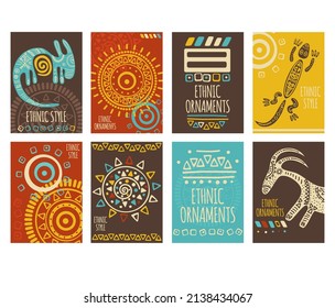 Set of ethnic banner, background, flyer, placard with tribal ornaments of red, yellow, blue and brown colors. Vertical vector poster, template card, sticker with geometric patterns and animals. EPS8