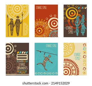 Banner étnico, fondo, volante, cartel con adornos tribales. Afiche vertical, tarjeta de plantilla, pegatina con patrones geométricos y siluetas de cazador, mujeres con jarra. Ilustración del vector 