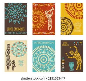 Set of ethnic banner, background, flyer, placard with tribal ornaments. Vertical poster, card, sticker with geometric patterns and silhouettes of musicians, mother with child. Vector illustration EPS8