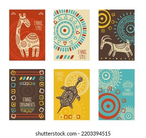 Set of ethnic banner, background, flyer, placard with tribal ornaments of red, yellow, blue and brown colors. Vertical vector poster, template card, sticker with geometric patterns and animals. EPS8