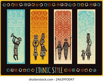 Set of ethnic banner, background, flyer, placard with tribal ornaments. Vertical poster, template card, sticker with geometric patterns and silhouettes of hunter, womans with jug. Vector EPS8