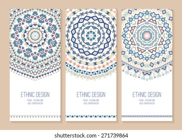 Set of ethnic banners. Stylish tribal geometric backgrounds. Templates for design with aztec ornaments. Vector illustration.