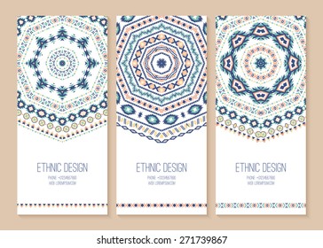 Set of ethnic banners. Stylish tribal geometric backgrounds. Templates for design with aztec ornaments. Vector illustration.