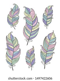 Set of ethnic bird feathers in boho style. Boho collection pastel colors vector hand drawn, tribal gipsy concept. Doodles illustration. 