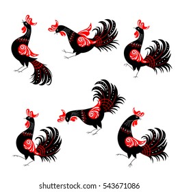Set of ethnic black and red roosters in Russian folklore style. Every object is on an individual layer