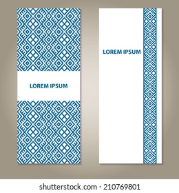 Set of ethnic blue and white banners with pattern, border and sample text. empty blank template isolated on grey gradient background with shadows. vector illustration