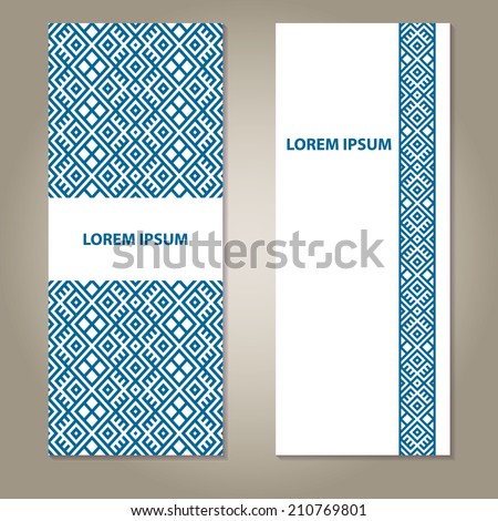 Set of ethnic blue and white banners with pattern, border and sample text. empty blank template isolated on grey gradient background with shadows. vector illustration