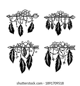 Set of Ethnic boho arrow with floral and feather