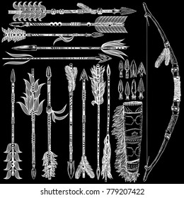 Set of ethnic Boho arrows with feathers and bow. Decorative tribal hand drawn arrows collection with different tips and plumage. Native American style set. Vector.