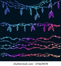 set of ethnic borders with beads and feathers. Decoration for dream catcher. Vector illustration.