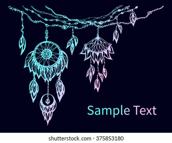 set of ethnic borders with beads and feathers. Decoration for dream catcher. Vector illustration.
