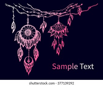 set of ethnic borders with beads and feathers. Decoration for dream catcher. Vector illustration.