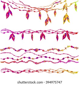 set of ethnic borders with beads and feathers. Decoration for dream catcher. Vector illustration.