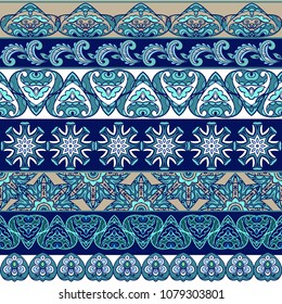 Set of ethnic borders with flowers. Floral wallpaper in blue colors. Decorative ornament for fabric, textile, wrapping paper.