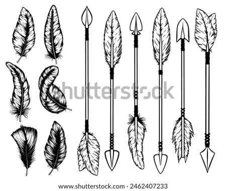 Set of ethnic of bow arrows and bird feathers in engraving style. Vector illustration in boho style