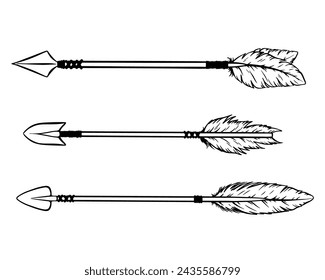 Set of ethnic of bow arrows in engraving style. Vector illustration in boho style