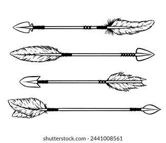 Set of ethnic of bow arrows in engraving style. Vector illustration in boho style