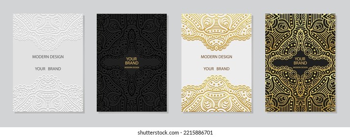 Set of ethnic covers, elegant vertical templates. Collection of relief geometric backgrounds with 3D pattern in boho style, press paper. Tribal textures of East, Asia, India, Mexico, Aztec, Peru.