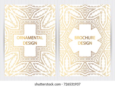 Set of ethnic covers, hand drawn golden patterns, white backgrounds. Vector templates for restaurant menu, flyer, brochure,business card, booklet, banner, etc.