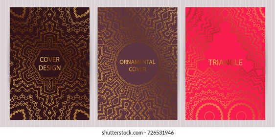 Set of ethnic covers, hand drawn golden patterns, colorful backgrounds. Vector templates for restaurant menu, flyer, brochure,business card, booklet, banner, etc.