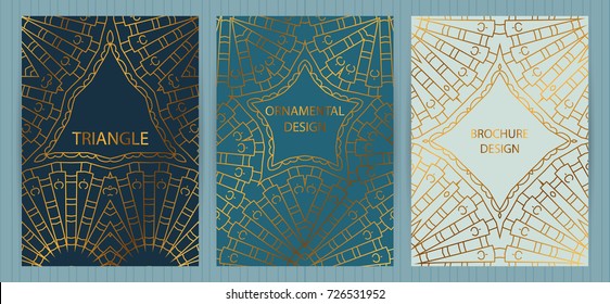 Set of ethnic covers, hand drawn golden patterns, colorful backgrounds. Vector templates for restaurant menu, flyer, brochure,business card, booklet, banner, etc.