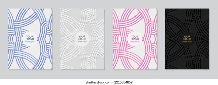 Conjunto de portadas étnicas, plantillas verticales únicas. Colección de fondos geométricos de relieve con un patrón 3D en estilo boho, papel de prensa. Texturas tribales de Oriente, Asia, India, México, Azteca, Perú.