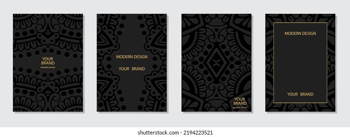 Set of ethnic covers, vertical abstract templates. Collection of embossed black backgrounds with 3d pattern, space for text. Tribal decorative design of East, Asia, India, Mexico, Aztec, Peru.