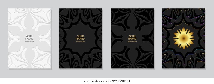 Set of ethnic covers, vertical abstract templates. Collection of relief geometric backgrounds with 3D pattern, boho style with handmade elements. Tribal ornaments of East, Asia, India, Mexico, Aztecs,