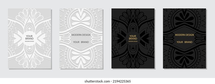 Conjunto de portadas étnicas, plantillas verticales originales. Colección de fondo blanco y negro con relieve con un patrón 3d, espacio para texto. Diseño decorativo tribal de Oriente, Asia, India, México, Azteca, Perú