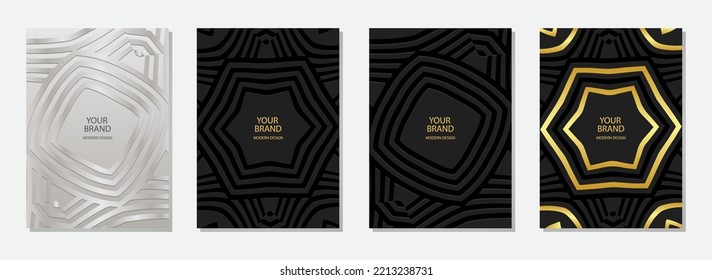 Set of ethnic covers, vertical original templates. Collection of relief geometric backgrounds with 3D pattern, boho style with handmade elements. Tribal ornaments of East, Asia, India, Mexico, Aztecs,