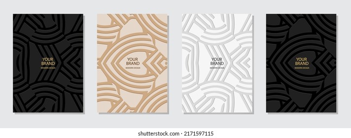 Conjunto de portadas étnicas, plantillas verticales. Colección de antecedentes con un patrón de relieve 3D de rayas y líneas abstractas. Ornamentos tribales, estilo de Oriente, Asia, India, México, Aztecas, Perú.