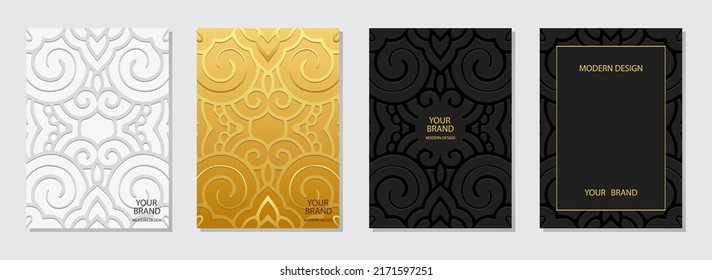 Set of ethnic covers, vertical templates. A collection of backgrounds with 3D embossed elegant patterns. Tribal ornaments, style of East, Asia, India, Mexico, Aztecs, Peru.