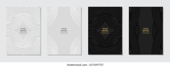 Set of ethnic covers, vertical templates. A collection of backgrounds with a 3D relief geometric pattern of stripes and lines. Tribal ornaments, style of East, Asia, India, Mexico, Aztecs, Peru.