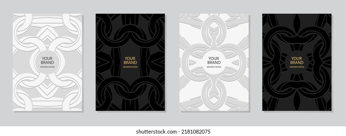Conjunto de portadas étnicas, plantillas verticales, lugar de texto. Colección de fondos en blanco y negro con motivos decorativos geométricos 3d. Tradiciones tribales de Oriente, Asia, India, México, aztecas.