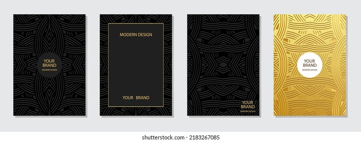 Set of ethnic covers, vertical templates. Collection of relief backgrounds with 3d pattern of lines and stripes, geometric golden texture. Tribal traditions of the East, Asia, India, Mexico, Aztecs.