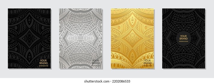 Conjunto de portadas étnicas, plantillas verticales. Colección de fondos geométricos de relieve con patrón 3d, textura dorada y plateada. Temas ornamentales tribales.