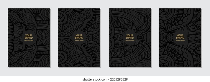 Conjunto de portadas étnicas, plantillas verticales. Colección de fondos geométricos de relieve con un patrón 3d, estilo boho exótico. Motivos ornamentales tribales de Oriente, Asia, India, México, Aztecas, Perú.