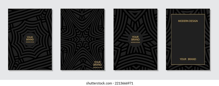 Set of ethnic covers, vertical templates. Abstract collection of relief geometric backgrounds with 3D pattern in boho style with hand drawn elements. Tribal ornaments of East, Asia, India, Mexico.