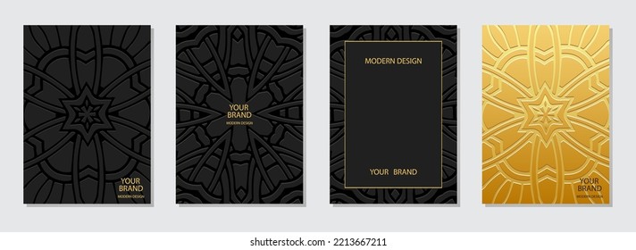 Conjunto de portadas étnicas, plantillas verticales. Colección vintage de fondo geométrico de relieve con patrón 3D en estilo boho con elementos dibujados a mano. Ornamentos tribales de Oriente, Asia, India, México.
