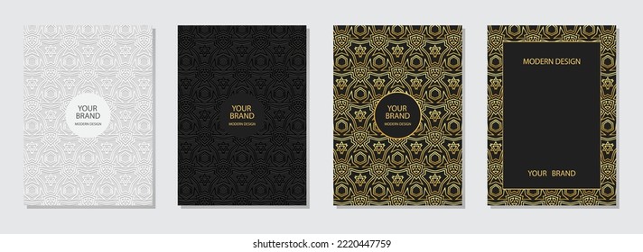 Set of ethnic covers, vertical templates. Collection of stylish embossed geometric backgrounds with 3D pattern, tribal gold texture, press paper. Oriental, Asian, Indian, Mexican, Aztec, Peru motifs.