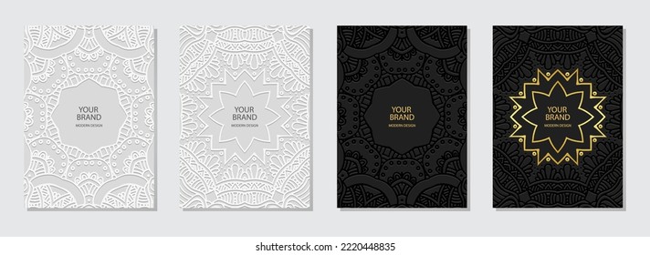 Set of ethnic covers, vertical templates. Collection of creative relief geometric backgrounds with 3D pattern, tribal golden texture, press paper. Oriental, Asian, Indian, Mexican, Aztec, Peru motifs.